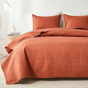 Queen Bedding Set,Burnt Orange Ultrasonic Full/Queen Set,Lightweight Soft Bedspread Coverlet,Style Coin Pattern Bed Cover for All,3 Piece(1,2 Pillow Shams)