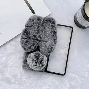 Autumn Winter Plush Long Ear Rabbit Foldable Phone Case, Full Protection for Samsung Z Fold3/4/5/6/7, Cute Animal Design, Accessories