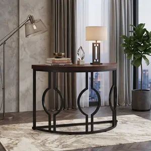 43-Inch Half Moon Console Table, Industrial Semi Circle Sofa Accent Table, Rustic Brown Wood Table for Entryway, Living Room, Hallway, Foyer, Entrance, Space-Saving Entry Table