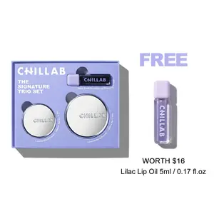 Chillab Signature Trio Set Lavender Matte Powder Full & Medium Size with Magic Black Lip Oil for 12 Hour Matte Control Hydrated Natural Lips Compact Makeup