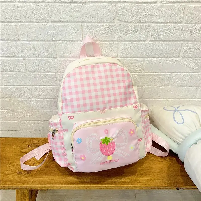 Lightweight nylon checkered girl's cute schoolbag, cute strawberry embroidery Kawaii commuting waterproof backpack