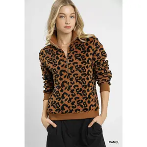 Umgee Leopard Print Quarter-Zip Sweatshirt