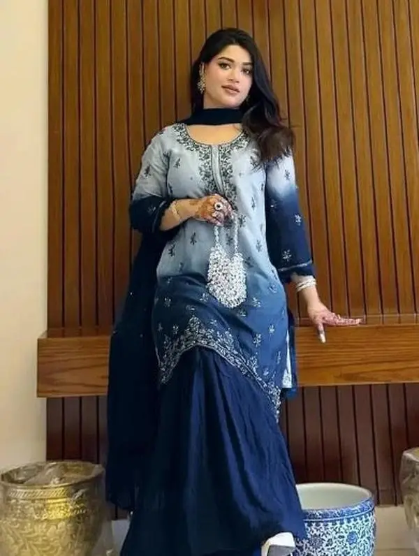 DESIGNER CHINON DIGITAL PRINT WITH ZARI EMBROIDERY SEQUENCE WITH STONE WORK TOP SHARARA WITH DUPATTA NAVY BLUE