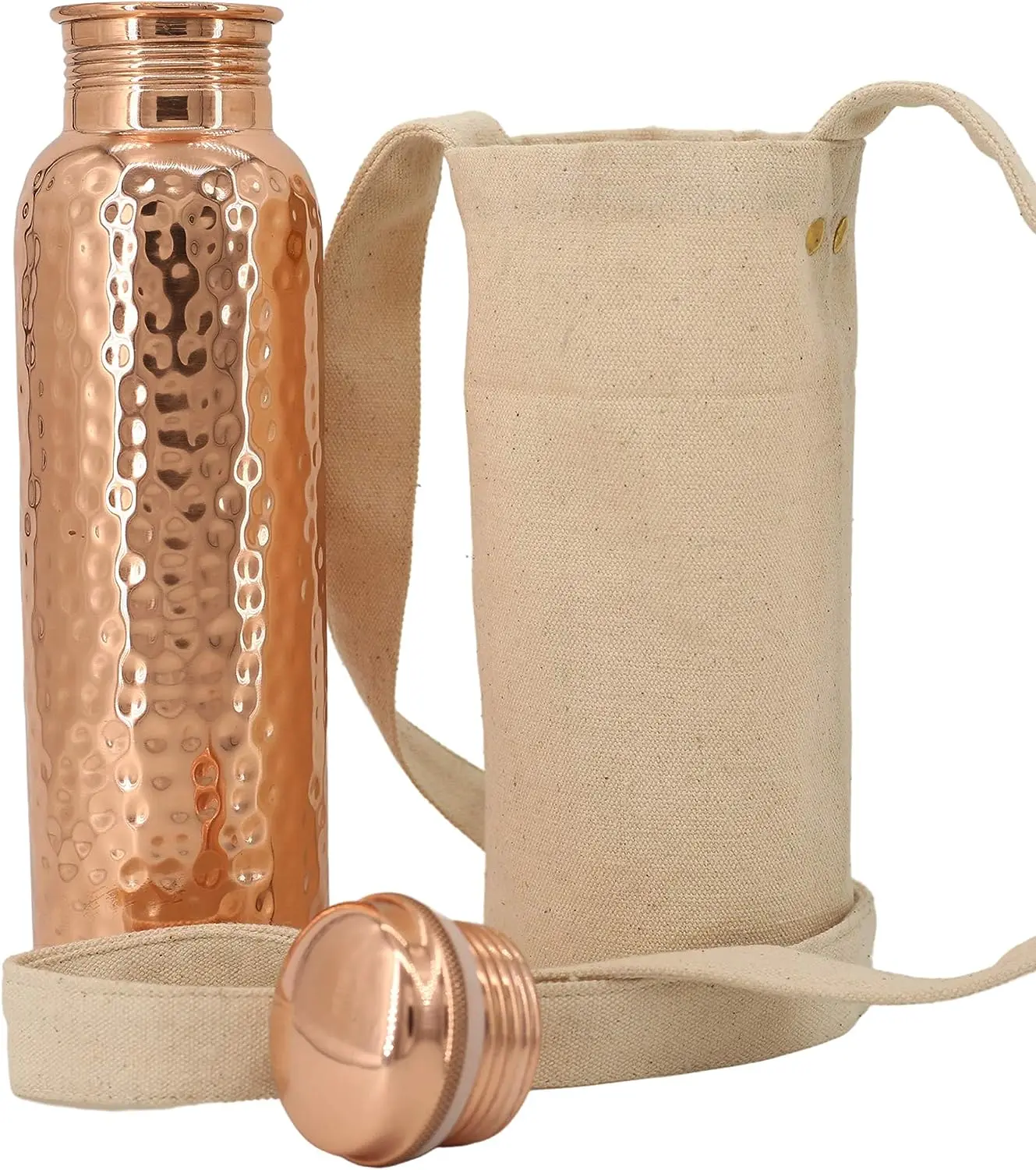 Handmade Copper Water Bottle (32oz/950ml) w/a Carrying Canvas Bag | Pure Copper Bottle for Drinking Water | Lab-Tested, Heavy Duty & Leak-Proof | Authentic Ayurvedic Hammered Copper Bottle Drinkware.