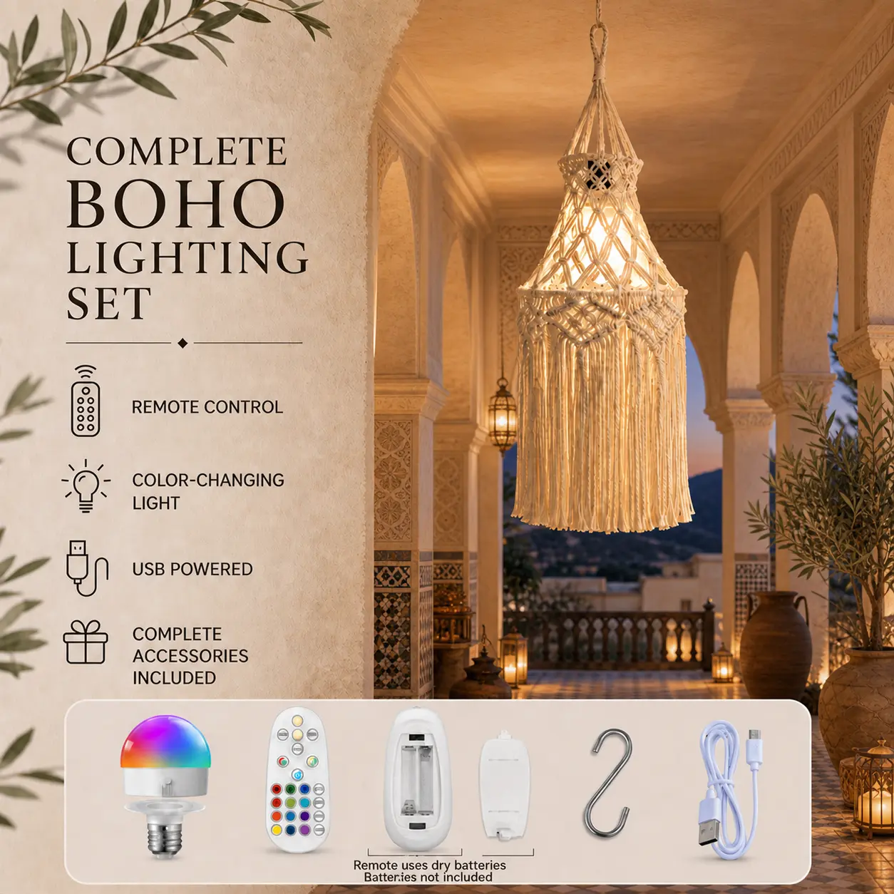 Bohemian Weave Hand-Woven Cotton Rope Hanging Light, USB-Powered Color-Changing LED Bulb, Remote Control Included, Lights for Bedroom Living Room Home Decor