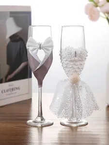 Groom & Bride Wedding Champagne Glasses Set of 2 - Elegant Lace Toasting Glasses - Suitable for Weddings / Engagements / Bridal Showers / Anniversary Keepsakes - Wedding Table Decorations - Couple Gifts - Ideal Photo Props