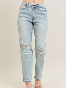 Savannah Judy Blue Mid Rise Stitch Detail Destroy Single Cuff Boyfriend Jean