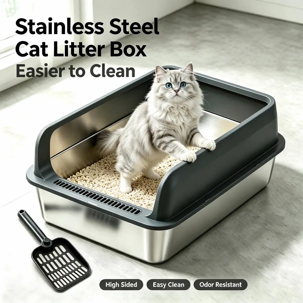 Petwhole Stainless Steel Cat Litter Box for Large Cats - Modern Minimalist Design with High Sides for Mess Trapping, Extra-Large Space for Cat ,Raised Rim for Odor Control Design, Low Easy Entriy, Leak-Proof Design, Non-Sticky Surface, Easy Cleaning