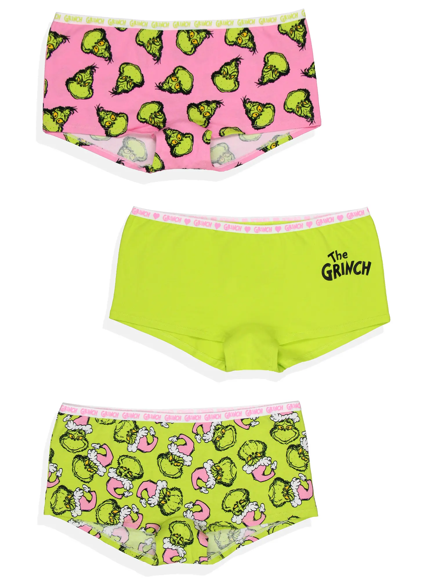 Dr. Seuss' The Grinch Women's Boyshort Underwear, 3-Pack with Festive Character Designs, Soft & Comfy Stretch Fit, Holiday Stocking Stuffer, Twist, Style