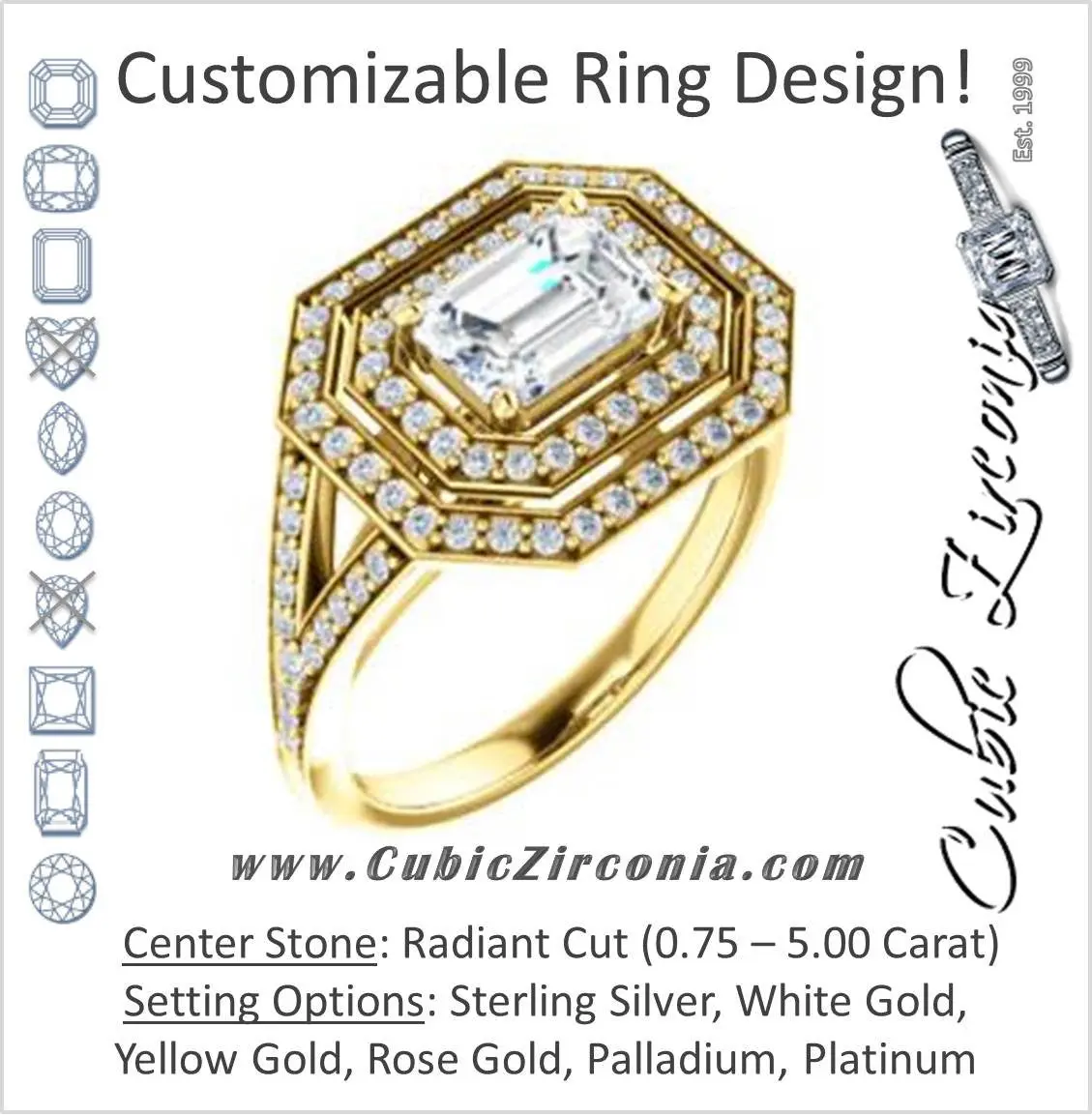Cubic Zirconia Engagement Ring- The Miriam (Double Halo Ultra-Wide Split Pavé Band with Customizable Radiant Cut Center)