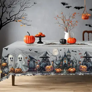 PLUMLIK Gothicism Halloween Tablecloth with Cute Ghost Skull Castle Pumpkin Patterns, Halloween Decor 2025, Day Of The Dead Round Rectangular Table Cloth, Grey Holiday Indoor Outdoor Table Decor, Halloween Ghost Bonfire Party Decor, Homegoods Halloween