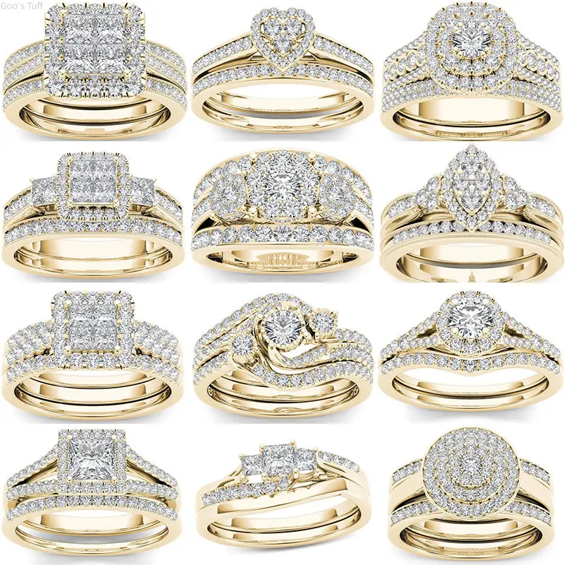 Matching Band Ring Jewelry Viral TikTok Couple Promise Rings Gold Plated Cubic Zirconia Inlaid European American Women Ring Shiny Anti-fade Elegant Dating Anniversary Valentine Couple Gift