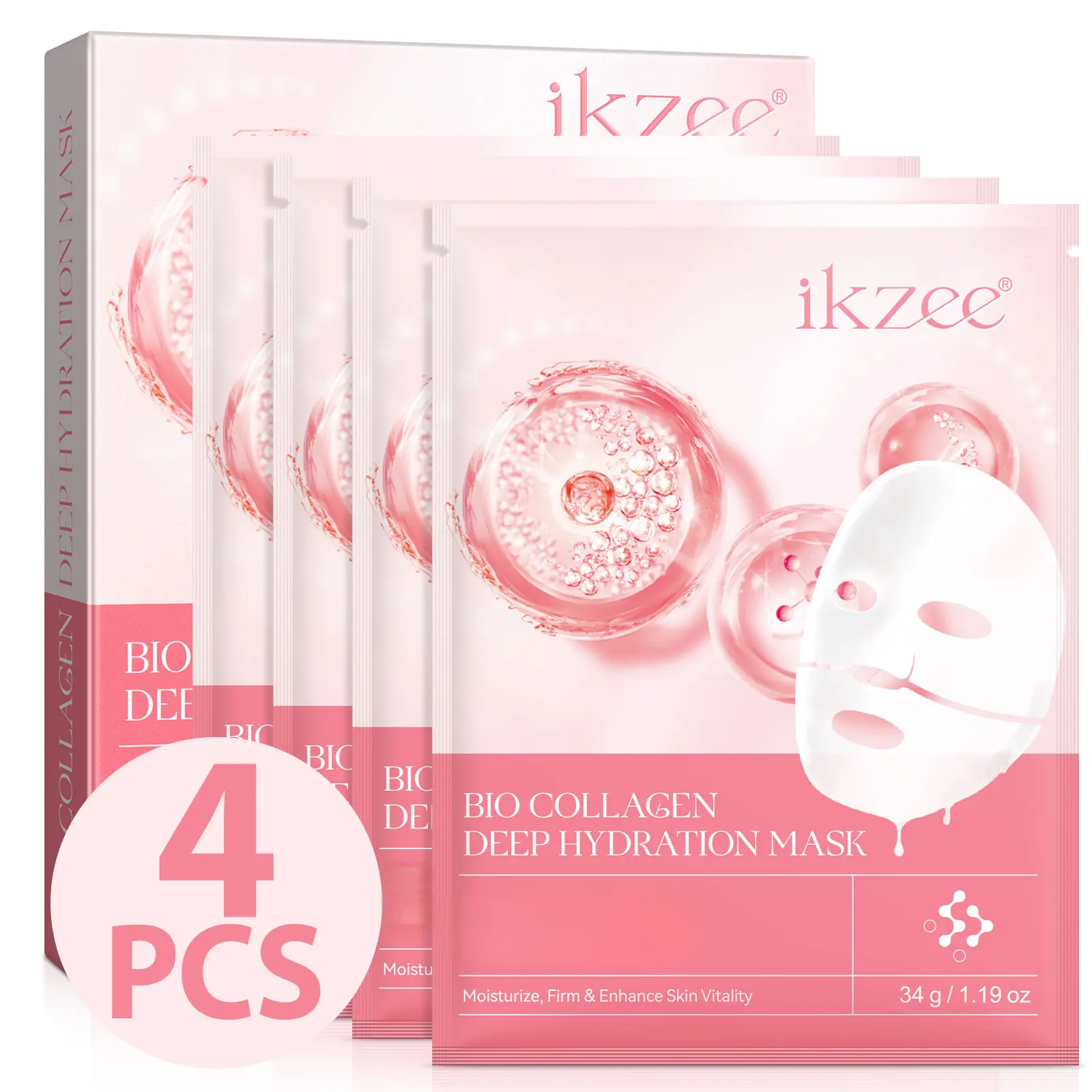 IKZEE Deep Collagen Power Bounce Essential Mask l THE ORIGINAL OVERNIGHT COLLAGEN MASK (4 Pieces) – 34g/1.19oz Hydrating Moisturizer Enhance Bio