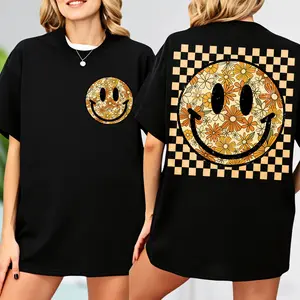 Smiley Face T-Shirt, Fall Women T-shirt, Floral Happy Face T-shirt, Retro Shirt Women, Boho Shirt Girls, Trendy Vintage T-shirt