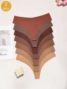 7 Pcs Seamless Women's Thong Panties, Soft Comfortable Smooth Nylon Blend, Low Waist, Elastic Fit, Opaque, All Seasons, Sexy Style