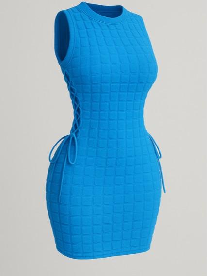 Lace Up Bubble Bodycon Dress-Sleeveless - Elegant Summer Wear with Adjustable Fit & Chic Bubble Design in Black Pink Green & Blue