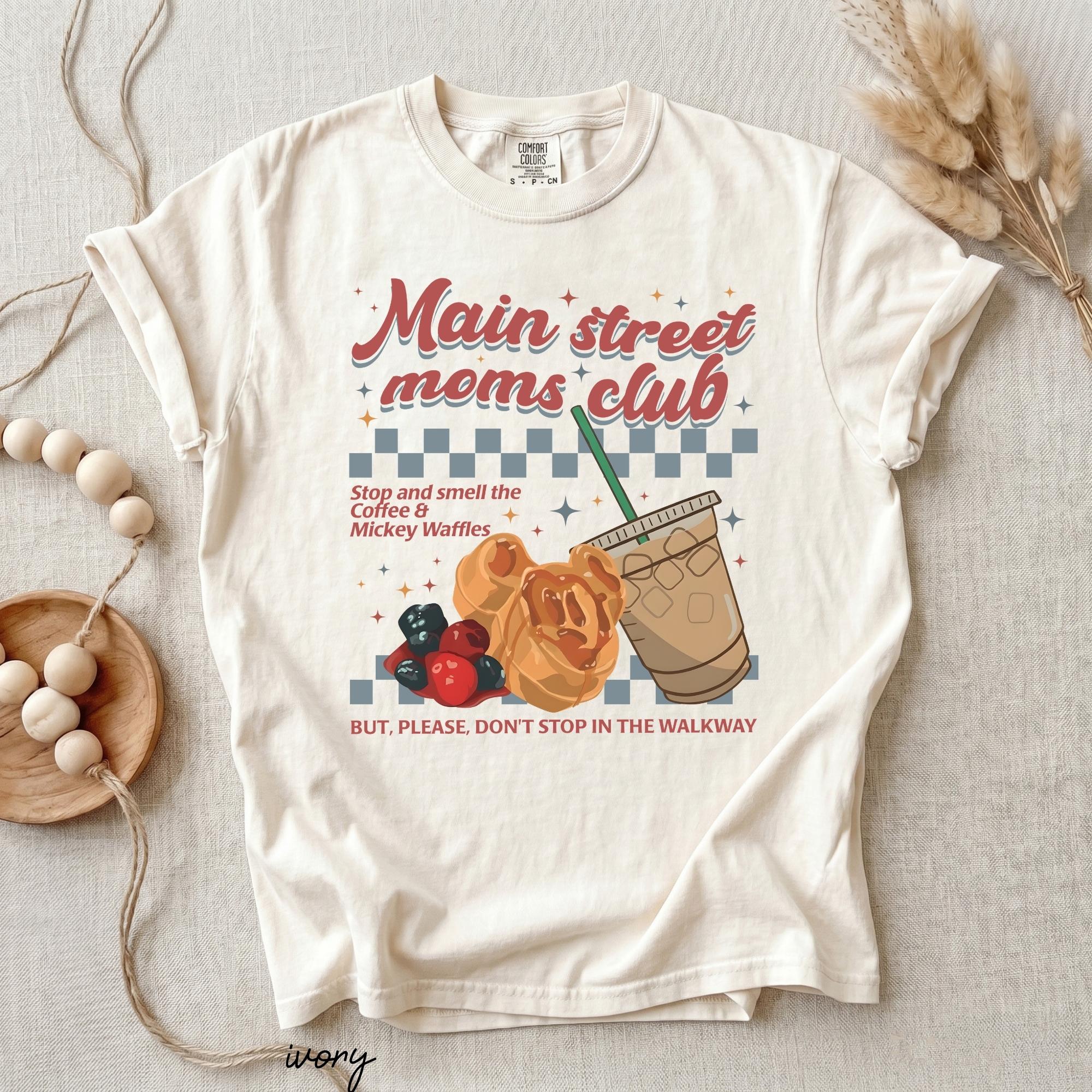 Comfort Colors Main Street Moms Club T-Shirt, Retro Coffee & Waffle Graphic Tee, Unisex Cotton Shirt for Women & Men, Cute Brunch Vibes Top