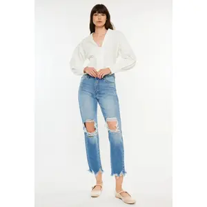 Women's Kancan Cotton Cropped Washed Jeans - Distressed, Frayed Hem, Hip-Enhancing, Pocket Design, Cold-Wash Clothes