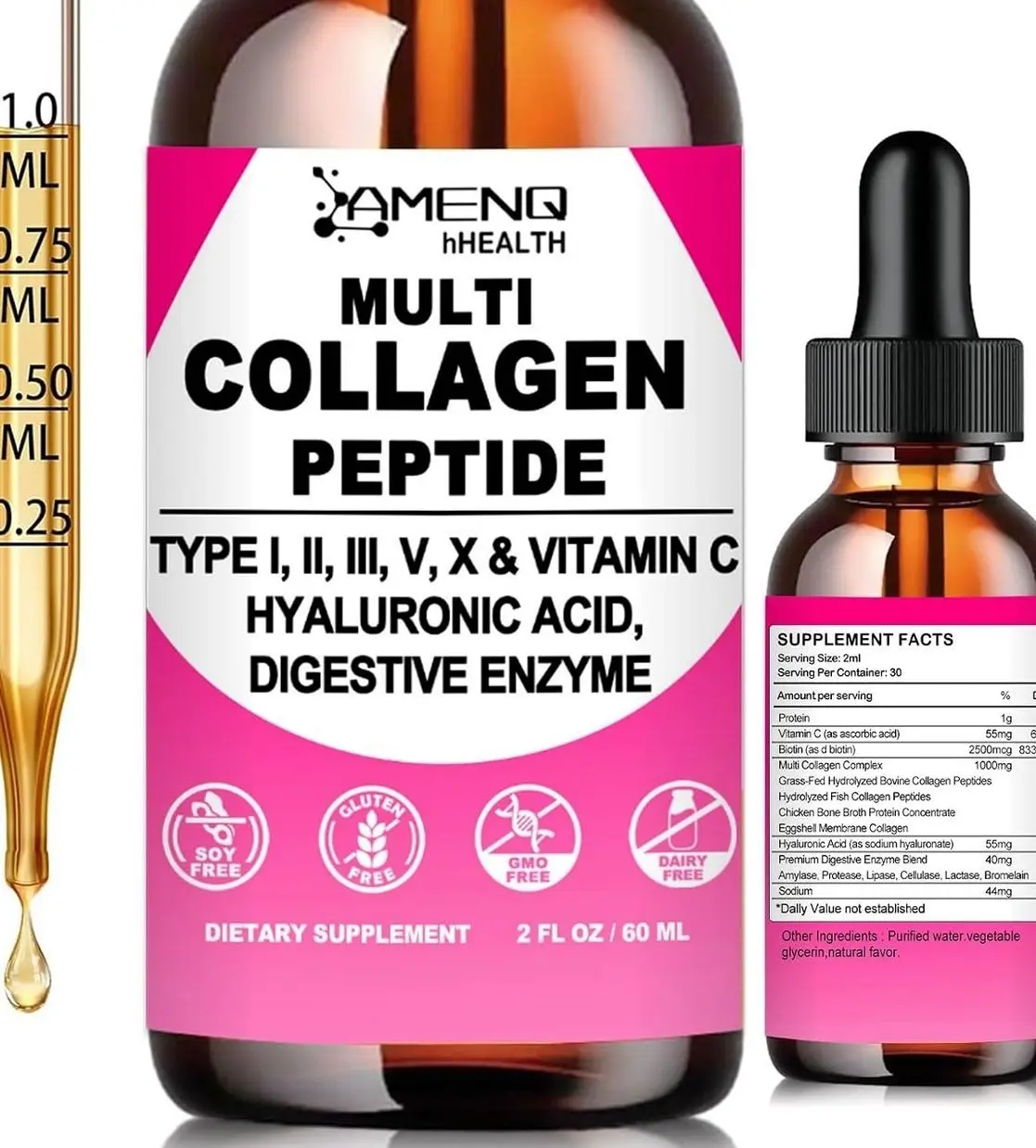 Multi Collagen Peptides Liquid Drops for Women & Men, Hydrolyzed Collagen Peptides Type (I, II, III, V, X)Proteins Complex W. Hyaluronic Acid, Biotin & Vitamin C, Support Hair Skin Joint & Gut Health