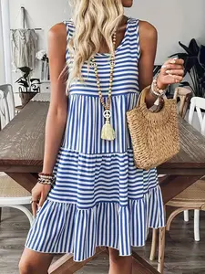 Women's Summer Striped Dress, Casual Vacation Style Vest Dress, Loose-Fitting Animal Print, Holiday Fashion, Perfect for Relaxing Days
