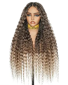 uBraids 26" Synthetic Blend Human Hair Swiss HD Lace Blend Brown Deep Wave Knotless Boho Box Braided Wig Full Lace Hand-tied Fontal Glueless With Drawstring
