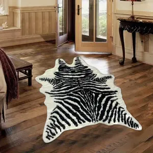 1pc Zebra-Print Knit Faux-Fur Accent Rug｜Skin-Safe Non-Slip for Bath-Bed-Living, Insta-Lux Deco, Animal Print Rug