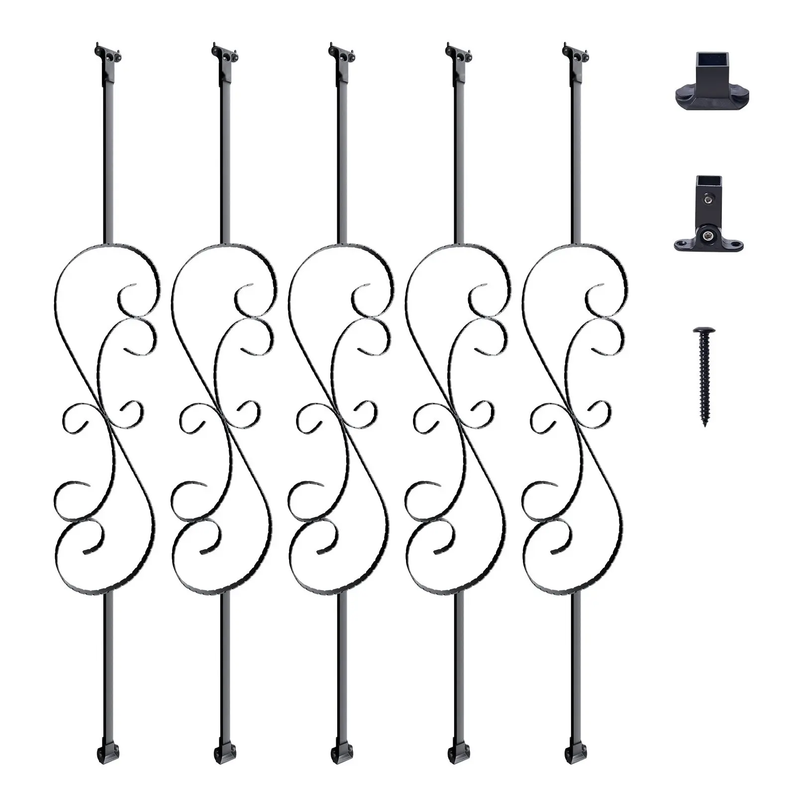 Staircase Metal Balusters And Banister Spindles Kit, 44'' X 1/2'' Galvanized Steel, Decorative S Shape Deck Balusters, 5-Pack Hollow Satin Black Spiral Stair Railing With Shoes, Screws, And Fittings For Indoor Or Outdoor Stairs