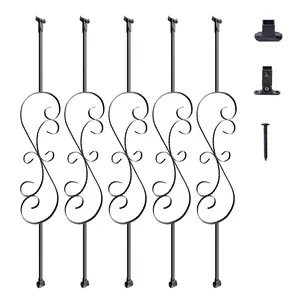 Staircase Metal Balusters And Banister Spindles Kit, 44'' X 1/2'' Galvanized Steel, Decorative S Shape Deck Balusters, 5-Pack Hollow Satin Black Spiral Stair Railing With Shoes, Screws, And Fittings For Indoor Or Outdoor Stairs