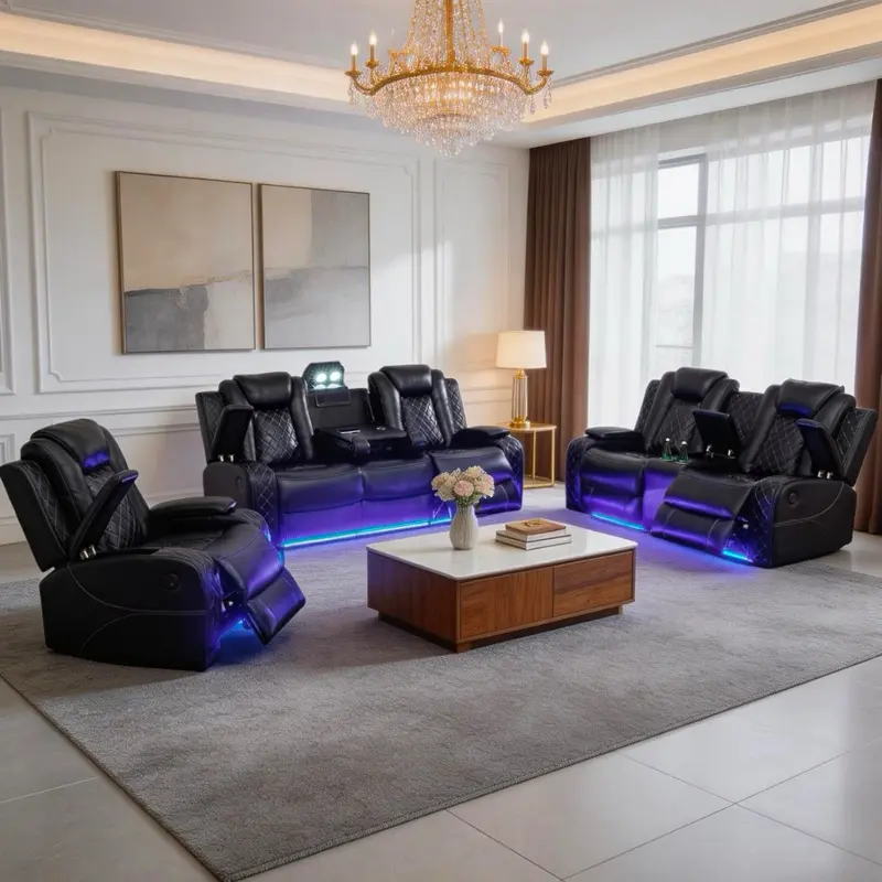 Power Recliner Sectional Sofa with LED Lights, Leather Couch Set, Reclining Sofa
