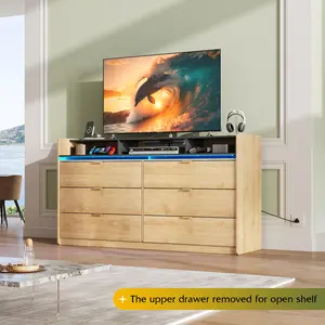 WLIVE 9 Drawer Led Dresser for Bedroom, 58.35'' Wood Dresser Storage Organizer with Power Outlets for 65'' TV, Dressers with Open Shelves, Chest of Drawers for Closet, Living Room