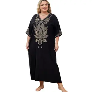Women Ethnic Print Kaftan Dress Plus Size Swimsuit Cover Up,Mrs. Roper Kaftan, Swimsuit, bubu, mumu, Casual Womenswear Boho Caftan Baggy -Embroidered lotus leaf