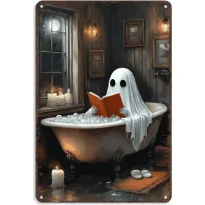 Vintage Halloween Decor - Ghost Reading In Bathtub Metal Sign, Dark Academia Bathroom Poster, Gothic Bath Art Print, Retro Aluminum Wall Sign 8x12 Inch Ornaments Artistic Decoration