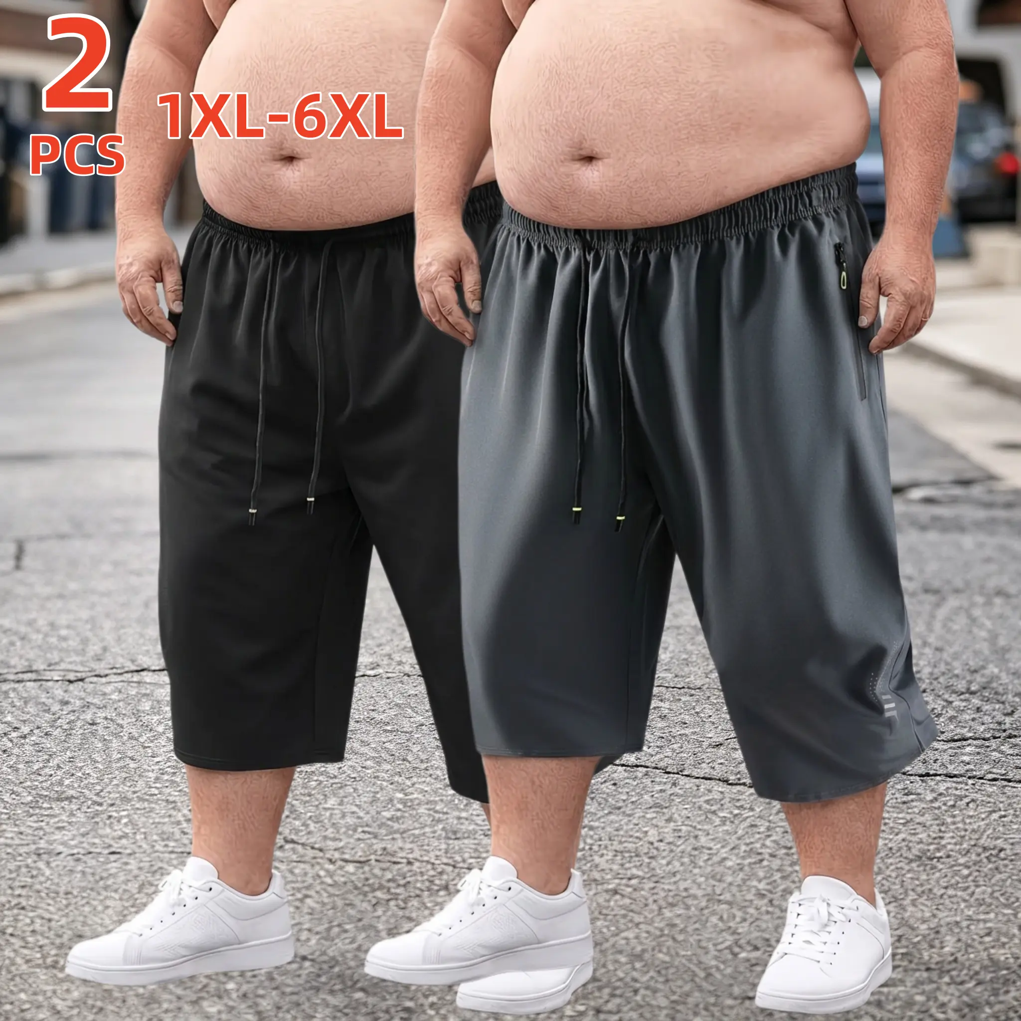 2 Pack Plus Size Men Quick Dry 7/8 Athletic Capri Shorts Elastic Drawstring Waist Zipper Pocket Loose Oversize Workout Cropped Pants 1XL-6XL male capri pants