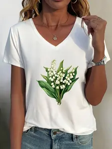 Women's Fashion Casual T-Shirt, Lily Flower Print, Spring Summer Top, V Neck Short Sleeve, Ladies Clothing