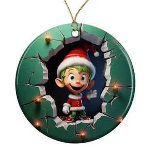 Cute Funny Elf Cartoon Ceramic Ornament - Breakthrough 3D Effect Burst Illusion Kids Ornament - 3 Inch Christmas Tree Round Ornament - Xmas Holiday Decor - String Included - ORNW0057