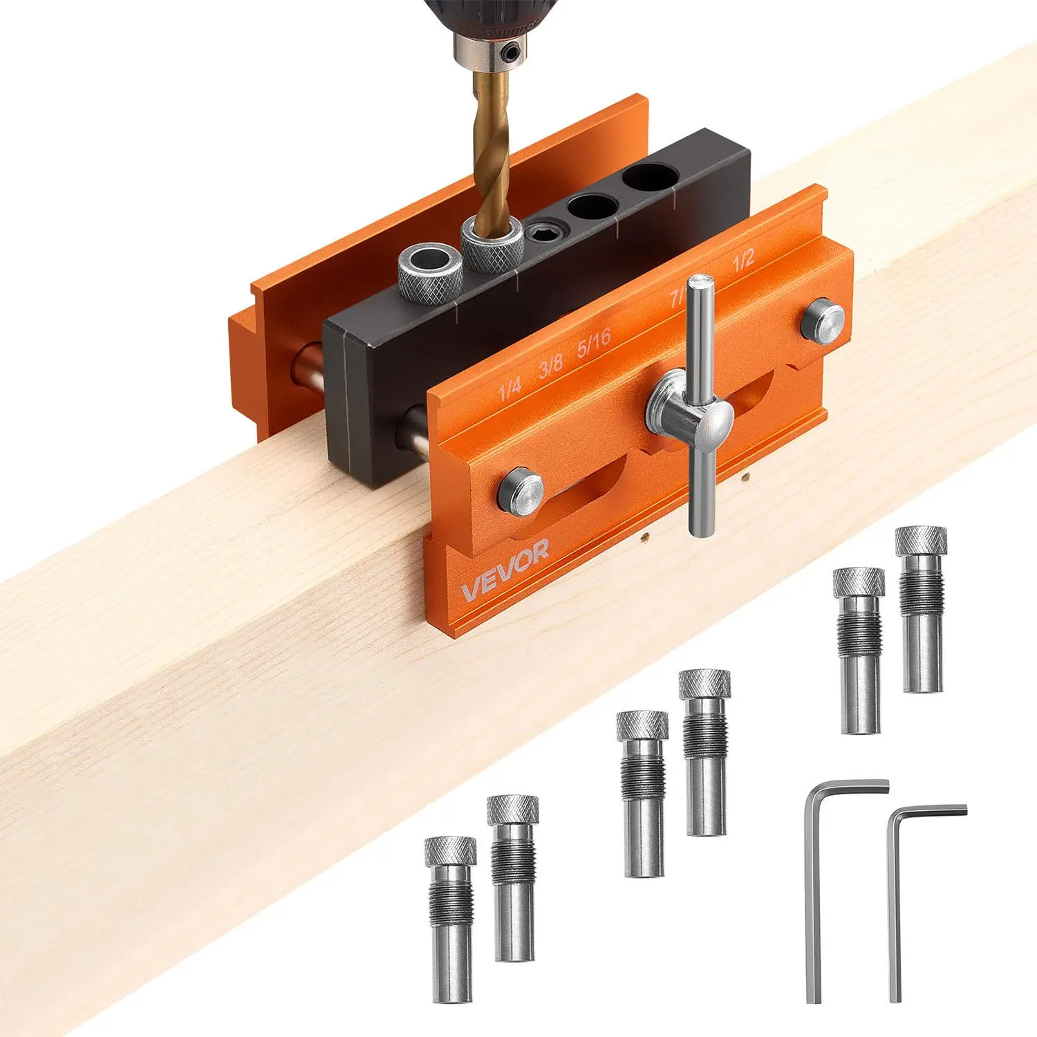 【DealsForYouDays】VEVOR Durable & Accurate Self-Centering Doweling Jig Kit, Aluminum Alloy Hardware Woodworking Tool with 6 Laser Etched Drill Bushings, 5 Standard Drill Sizes, 0.4-2.4 In Adjustable Width for Drilling, Marking, Various Woods DIY Projects