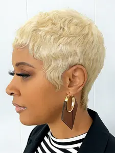 Pixie Cut Human Hair Wigs, Daily Party Cosplay Gift Use Wig, Blonde Machine Made Short Straight Layered Human Hair Wig for Women, Human Hair Bob, Natural Looking Wig