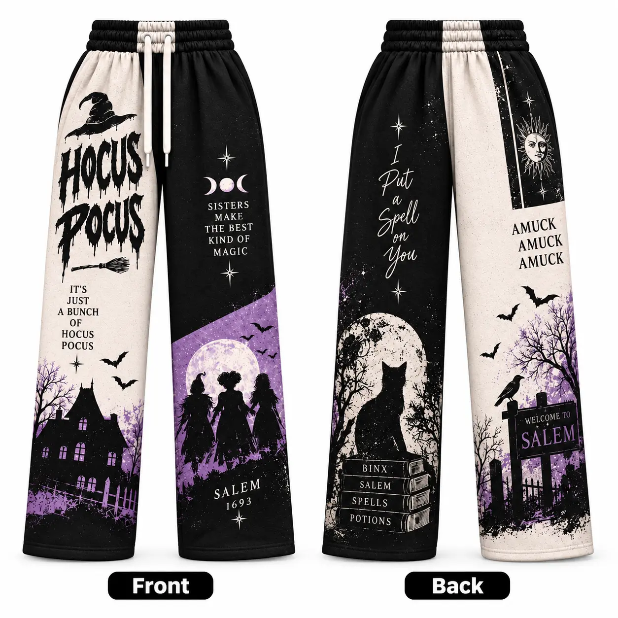 Witch Wide Leg Sweatpants, Black Purple Moon Magic Graphic Lounge Pants, Salem Witchcraft Inspired Artwork, Cat Silhouette and Spooky Autumn Casual Trousers