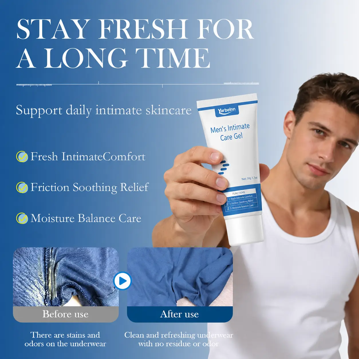 Men’s Intimate Care Gel, Gentle Cooling Comfort Moisturizing Nourishing Cleansing, Combats Odor Sweat & Itching,