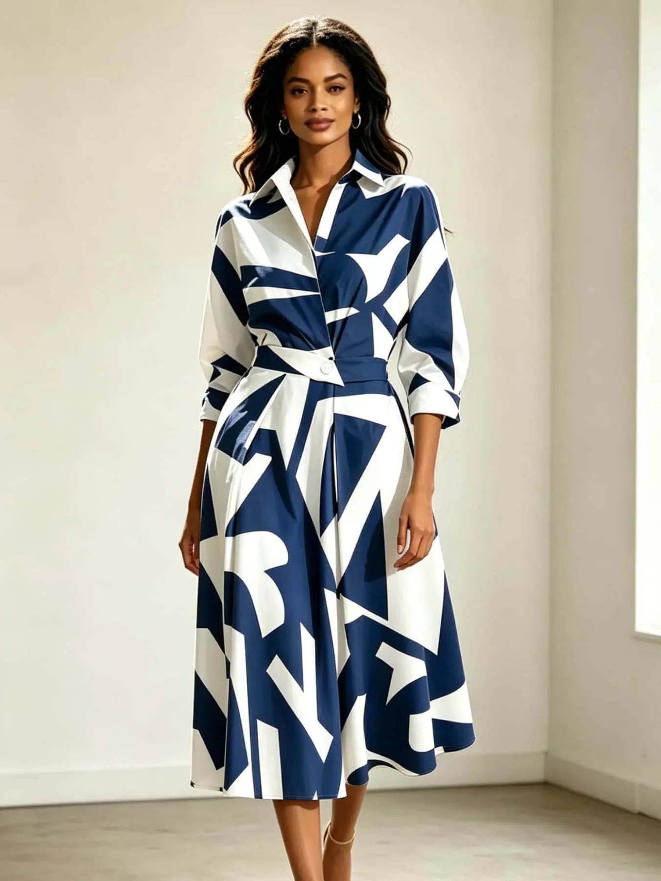 A fashionable and stylish Chic elegant lapel lined dress with loose waist and slimming mid length skirt, suitable for commuting and vacation in all seasons, suitable for weekends, cafes, city outings, short trips, spring picnics, art museums