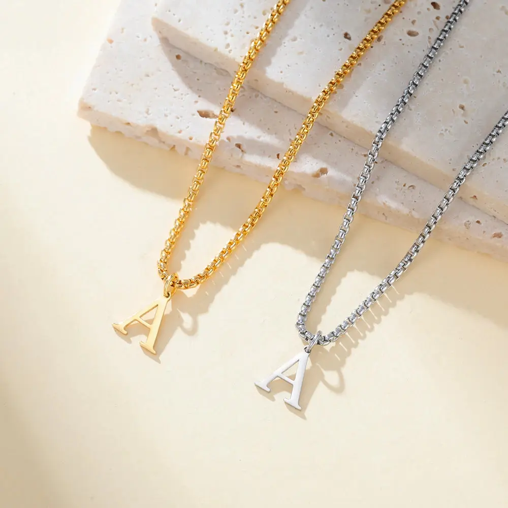 Initial Necklace with Bold Letter Pendant, Minimalist Unisex Stainless Steel Box Chain, Anti-Tarnish & Hypoallergenic, Multi-size 17.7-23.6inches, M, F