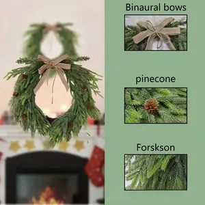 Norfolk Pine Wreath Realistic Flower Ring Hemp Cloth Bow Cones Hanging Door Decoration, Home Decor, Festive Ornament