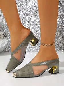 French Snake Skin High Heels, Elegant Patchwork Design, PU Leather, PVC Sole, Comfortable Mid-Heel, Versatile for All Seasons