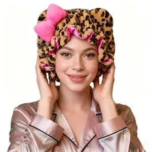 Women’s Leopard Print Plush Nightcap, Adjustable Soft Sleep Cap with Smooth Satin Lining, Cozy Warm Cute Hair Accessory for Daily Sleeping & Lounge