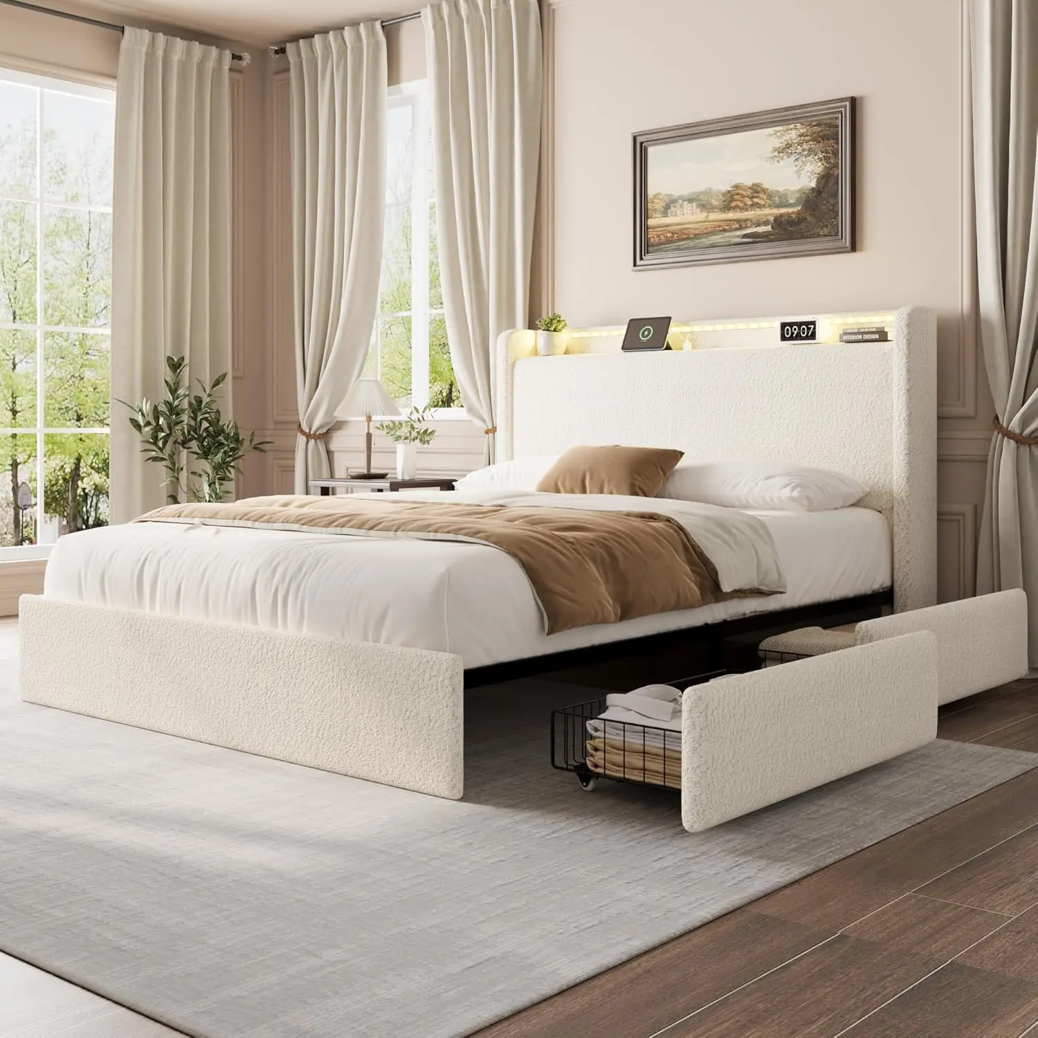 Upholstered Queen Size Bed Frame - Contemporary Heavy-Duty Freestanding Boucle Fabric Bed with Storage Headboard, 4 Drawers, Charging Station, LED Lights, Noise-Free Wood Slats, No Box Spring Needed, Beige, Upholstered Bed Frames, Queen Size Beds
