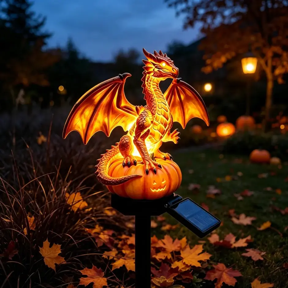 Solar Halloween Pumpkin Dragon Garden Stake Light - Waterproof LED Outdoor Pathway Decor, Scary Ornament, Unique Holiday Gift for Dragon Lovers