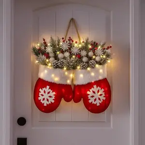Sparkling Christmas Glove Wreath with 120 LED Lights - Artificial Pine Branches, Red Berries & Frost Pine Cones, Indoor/Outdoor Door Decoration for Christmas Trees