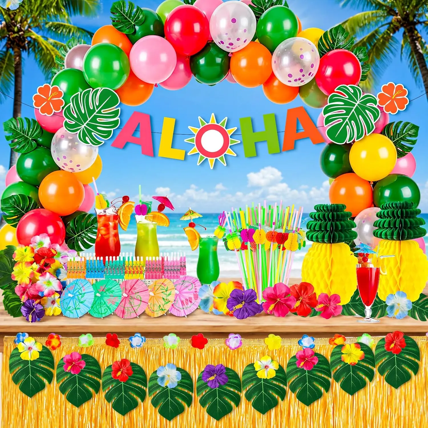 200 Pcs Aloha Luau Party Decorations Set, Hawaiian Tropical Summer Beach Party Supplies Kit with Balloons, Banner, Grass Table Skirt, Hibiscus Palm Leaves, Umbrellas & Honeycomb Centerpieces for Birthday, Wedding, Tiki & Luau Party Decor USA