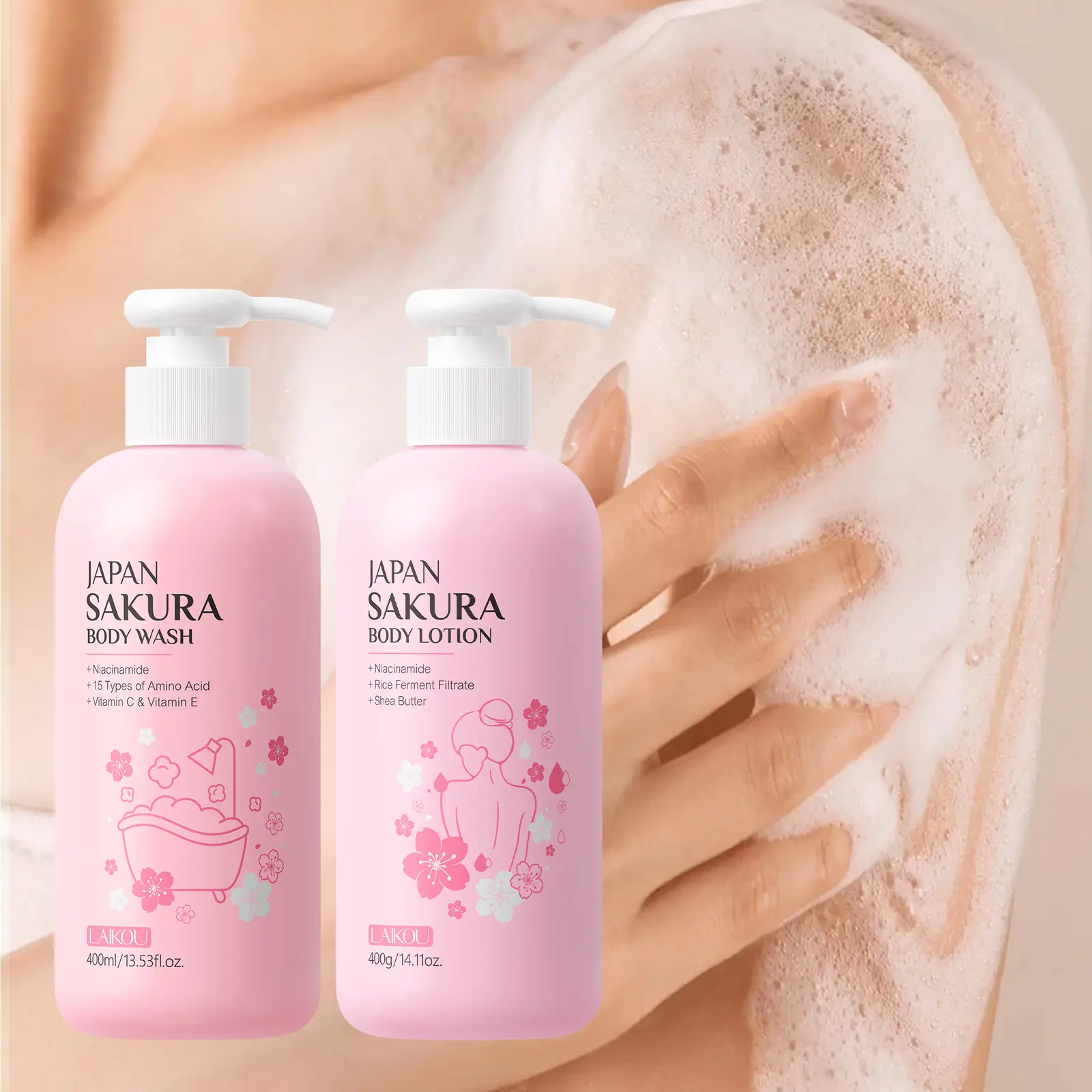 LAIKOU Japan Sakura Bath & Body Set, Hydrating Cleanser & Smoothing Moisturizer, Body Care for Dry Skin with Refreshing Floral Scent, Cosmetic, Gift Guide For Her