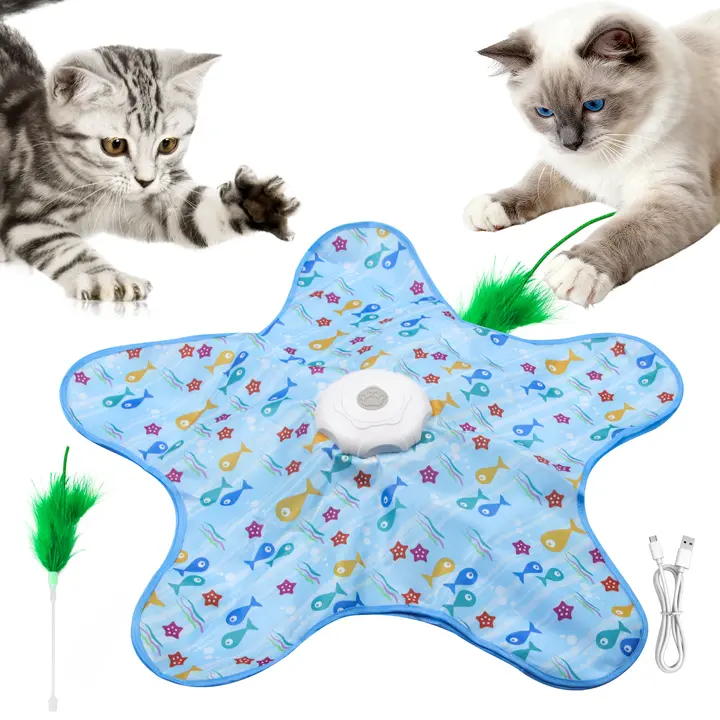Pentagram Shape Interactive Automatic Motion Hide and Seek Cat Toy - In-Cover Irregular Movements, 360° Rotation Teaser Feather, 3 Speed Modes, 45s Swat Mode, Rechargeable, Hands-Free, Mental & Physical Exercise for Indoor Rainy Days